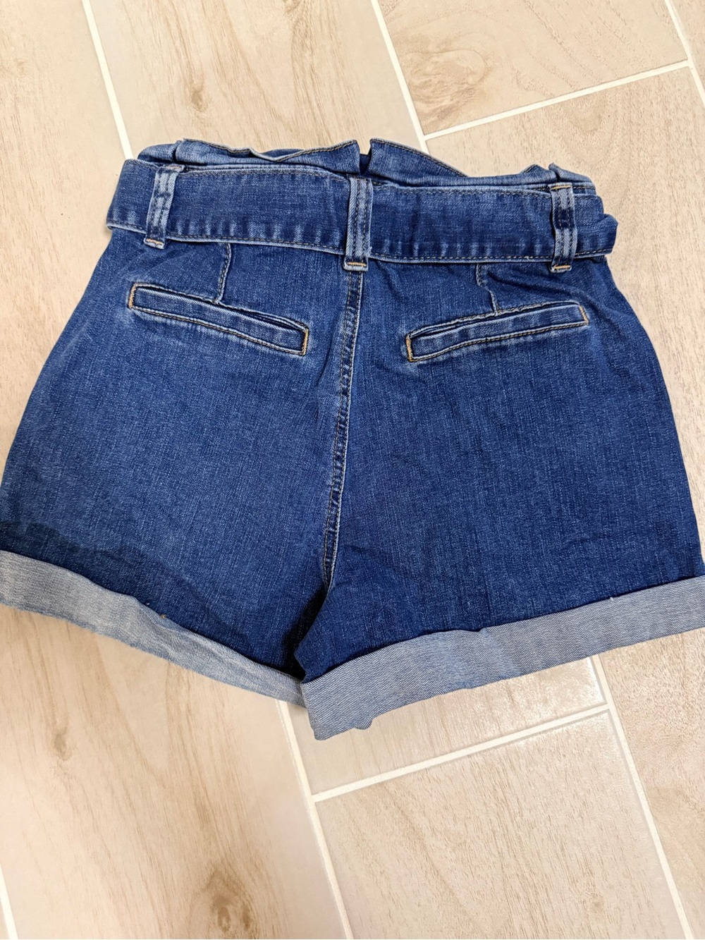 Express Dark Blue Paperbag Waist Denim Shorts with Belt - Picture 2 of 3